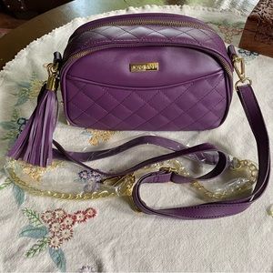 Joy & Iman Quilted Leather Crossbody Bag. Purple with Gold Hardware. Two Straps